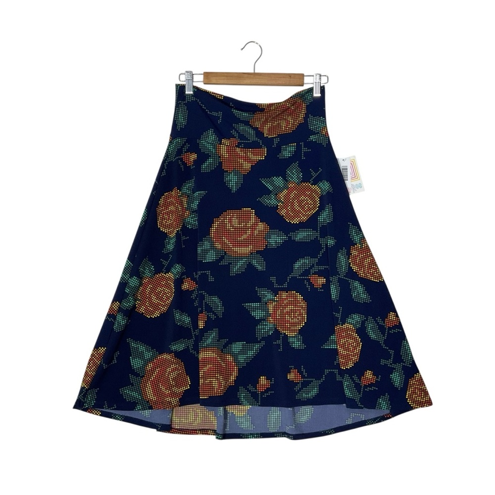 LULAROE sz Medium Midi A-Line Skirt Casual Digital Sunflowers Stretch Waist Blue